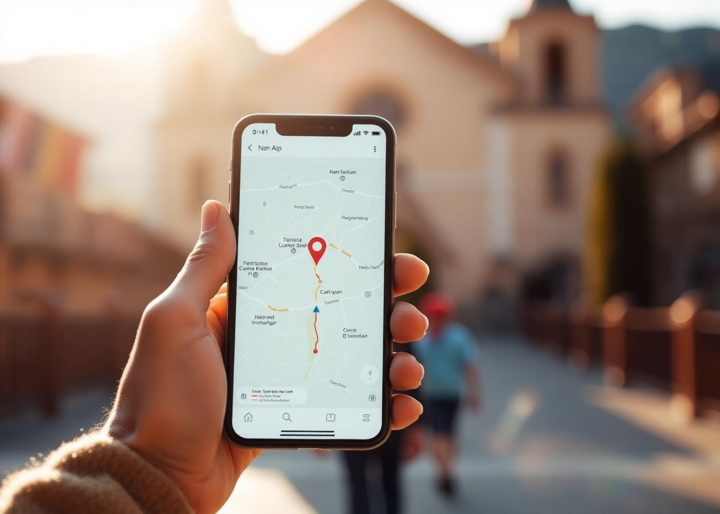 Pielgrzym trzymający telefon z aplikacją